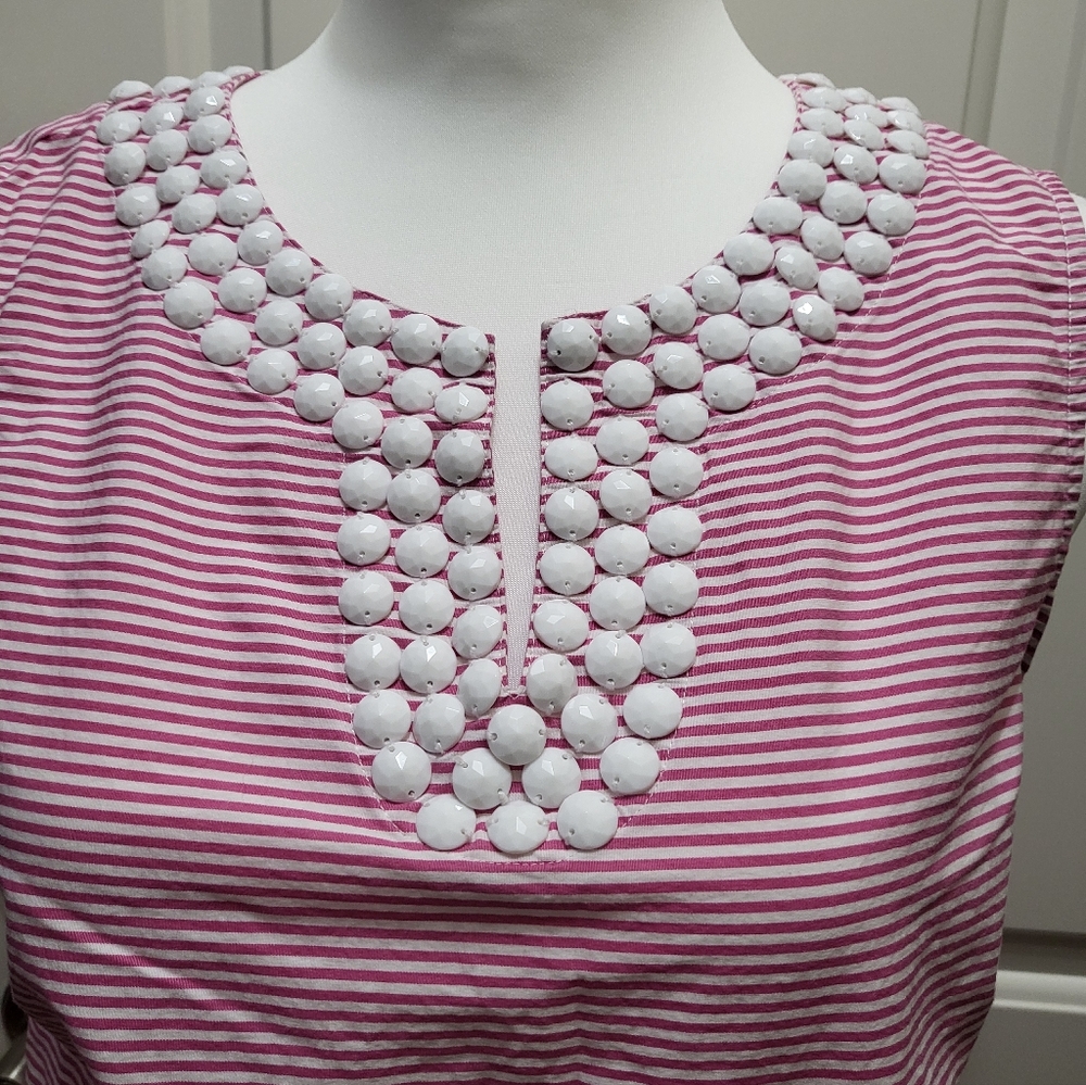 Talbots Women’s Pink Striped Blouse with Beaded Neckline – Size Small - Picture 4 of 6